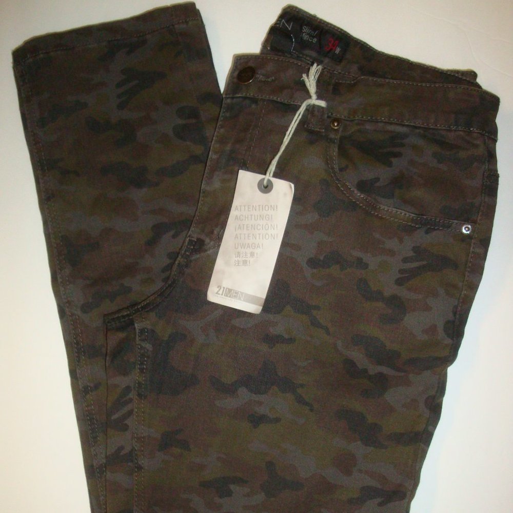 21 Men SLIM Fit Pants Camo Print Olive Brown 34x33